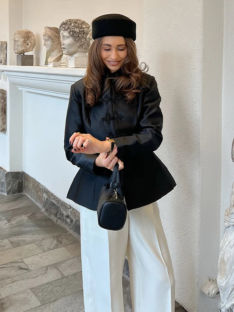 Elegant Satin Frog Button Standup Collar Jacket for Women