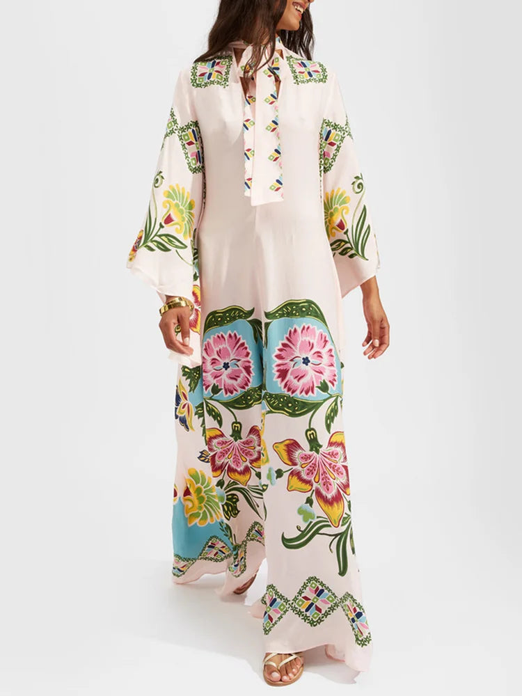 Loose Fit Lace Up V Neck Maxi Dress