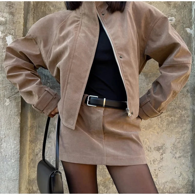 Vintage Suede Jacket and Mini Skirt Two Piece Set for Women