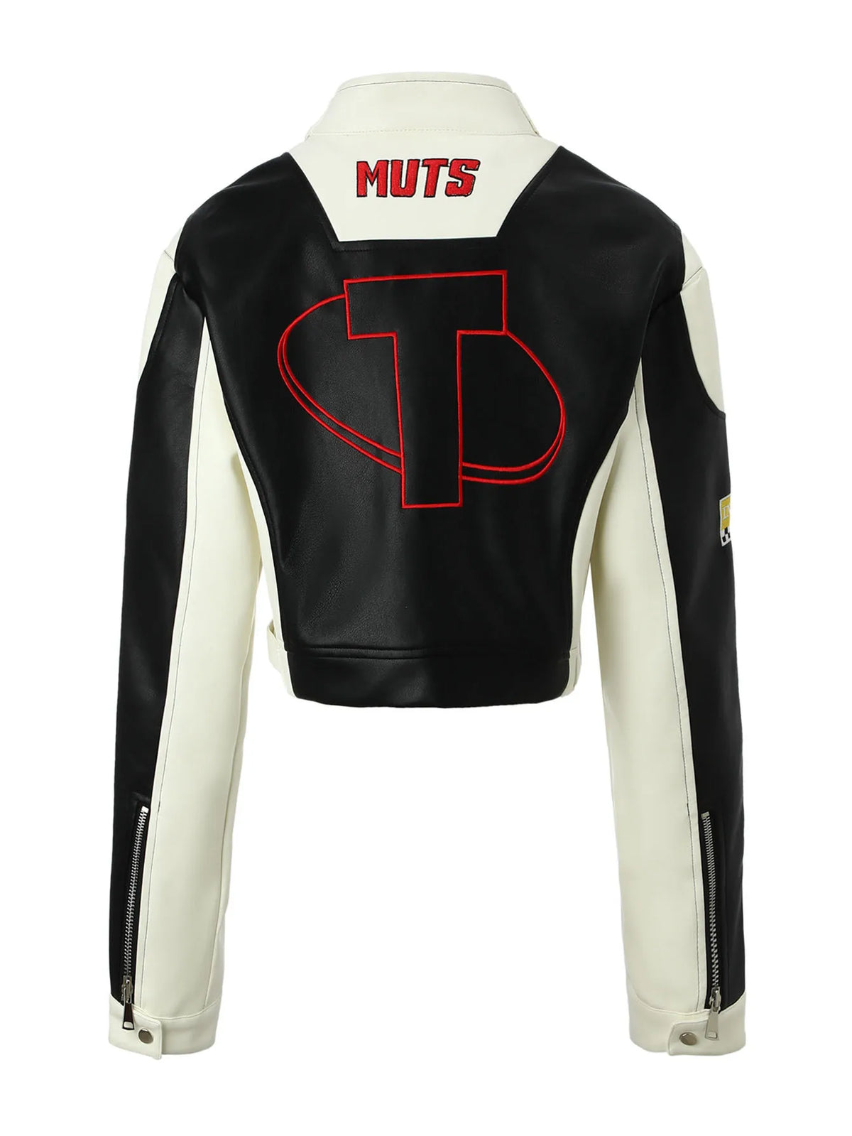 Contrasting Color Embroidered PU Leather Jacket for Women