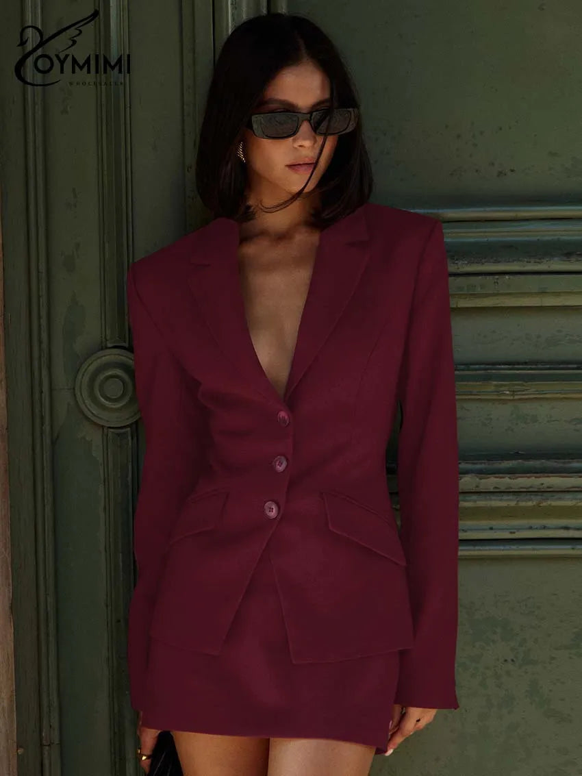 Oymimi Fashion Wine Red Two Piece Set For Women Elegant Long Sleeve Single Breasted Blazers And Slim Simple Mini Skirts Sets