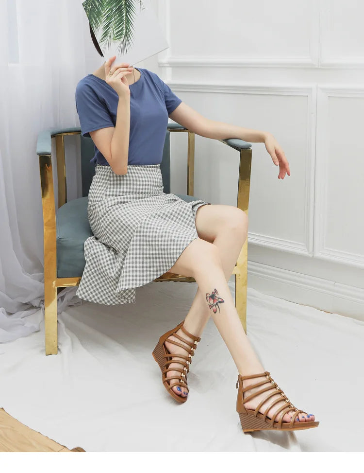 Vintage Hollow Roman Wedge Sandals Round Toe For Women