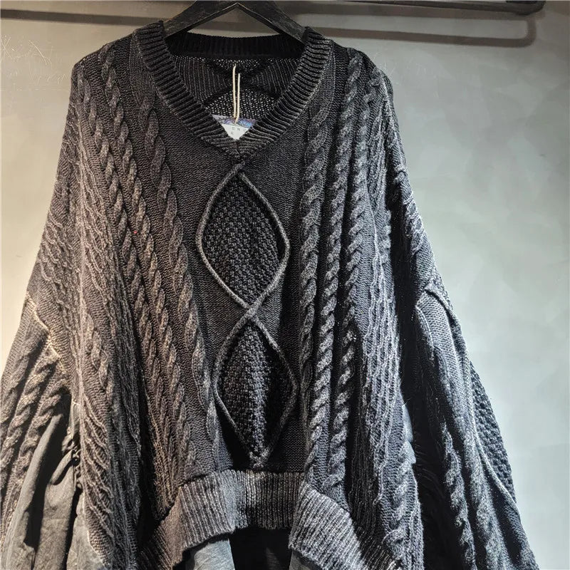 YEAE personalized old twist weaving splicing women's knitted sweater long-sleeved V-neck ruffle leaf edge autumn and spring new