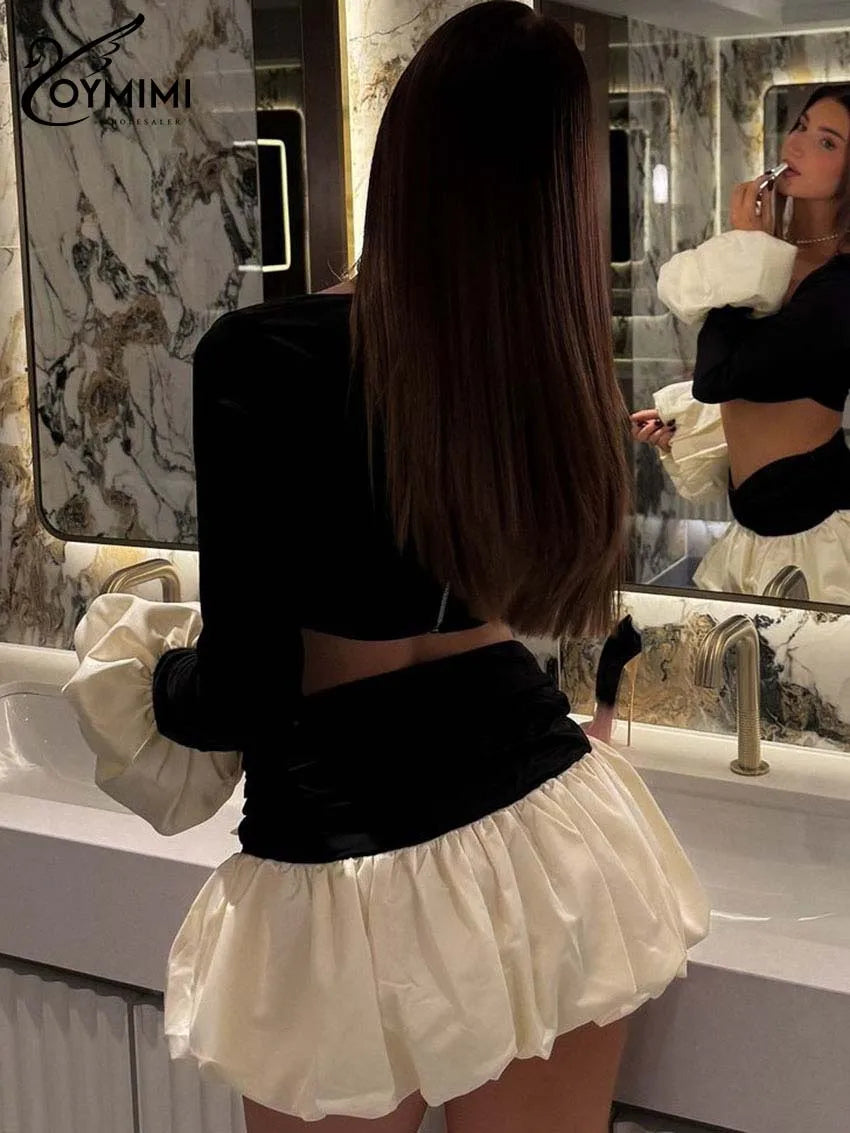 Oymimi Fashion Black Satin 2 Piece Sets Woman Outfits Elegant Long Sleeve Patchwork Zipper Crop Tops And Pleated Mini Skirts Set