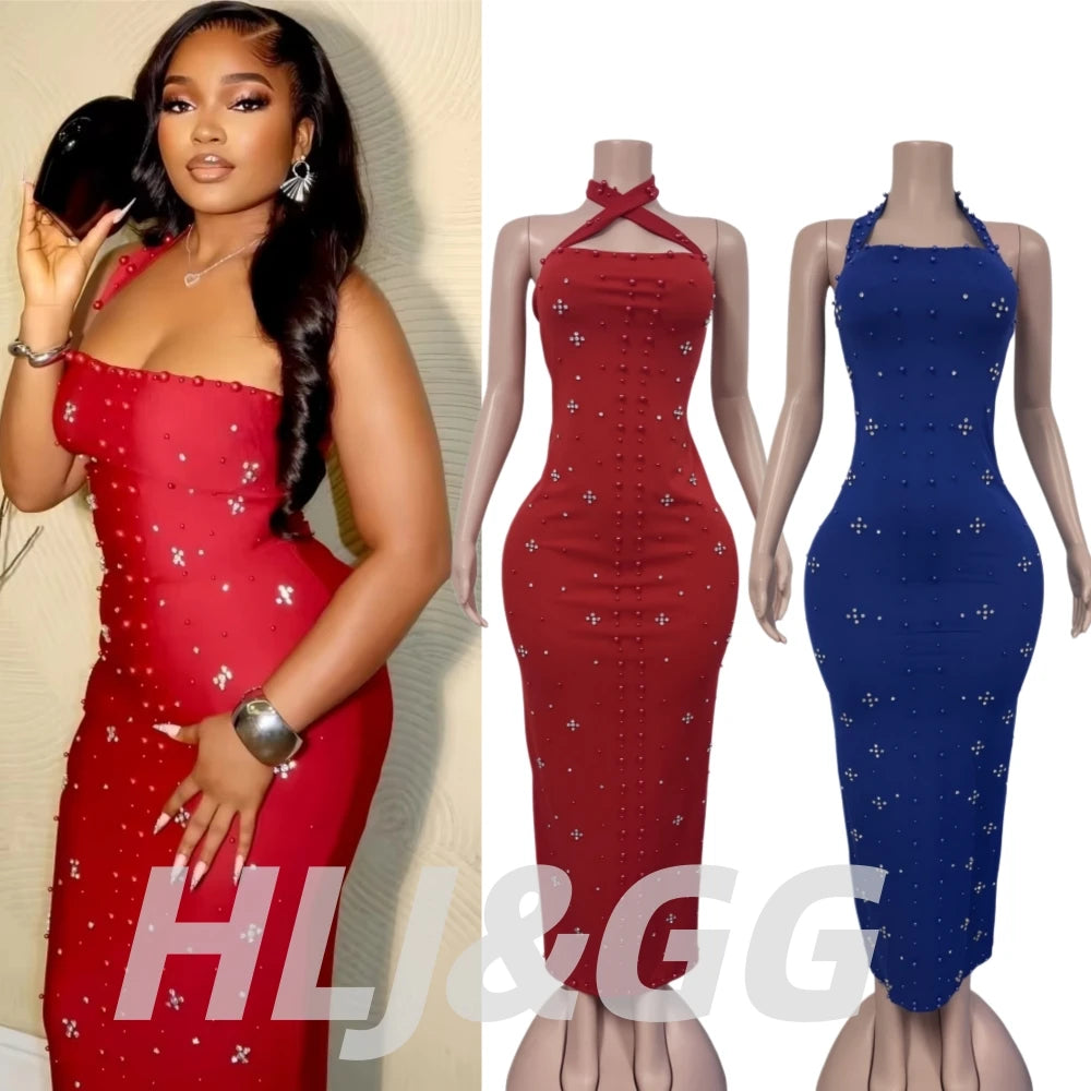 Pearl Patchwork Halter Backless Bodycon Dress for Women