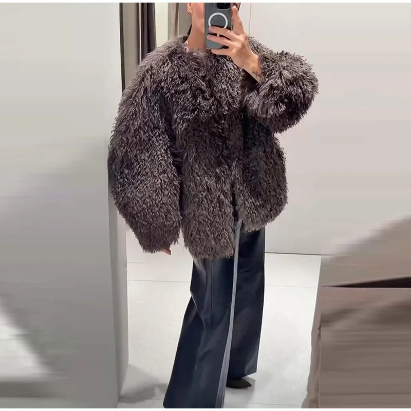 Vintage Women's Fur Coat Elegant Open Collar Thicken Full Sleeve Jacket With Furs Female 2025 New Autumn Winter Woman Clothes