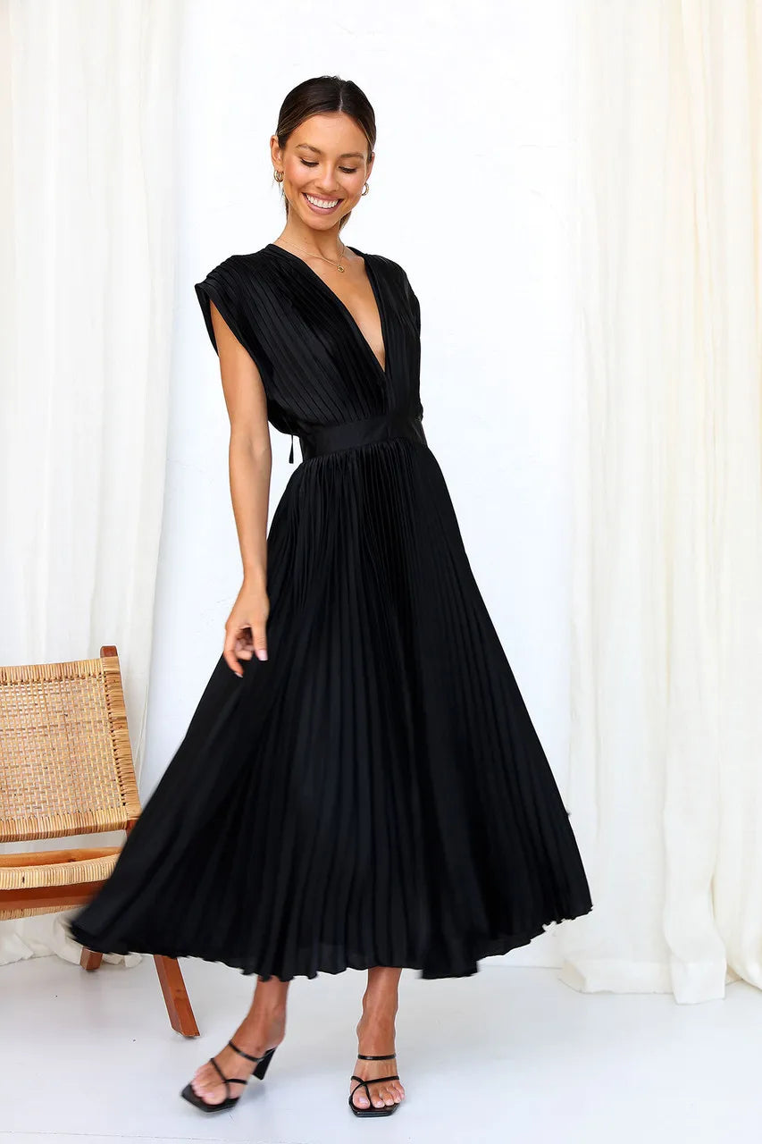Elegance Draped V-Neck Pleated Skirt Dress 2025 Women Solid Strapless Backless Patchwork Loungewear Simple Maxi Dress