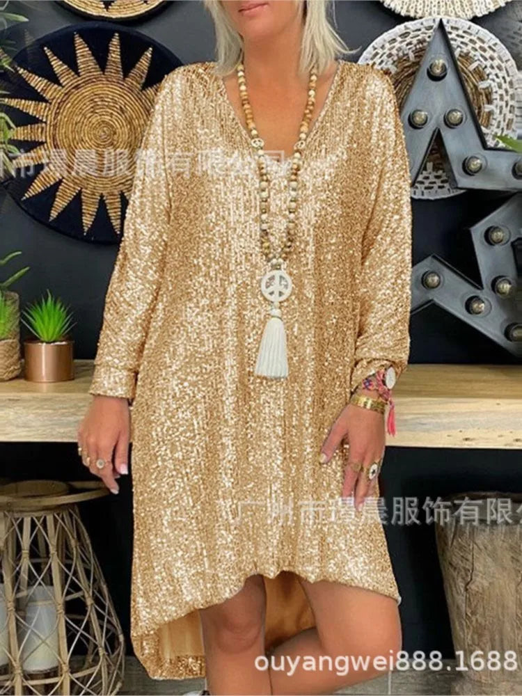 Chic Solid Color Sequin Long Sleeve Mini Dress for Women