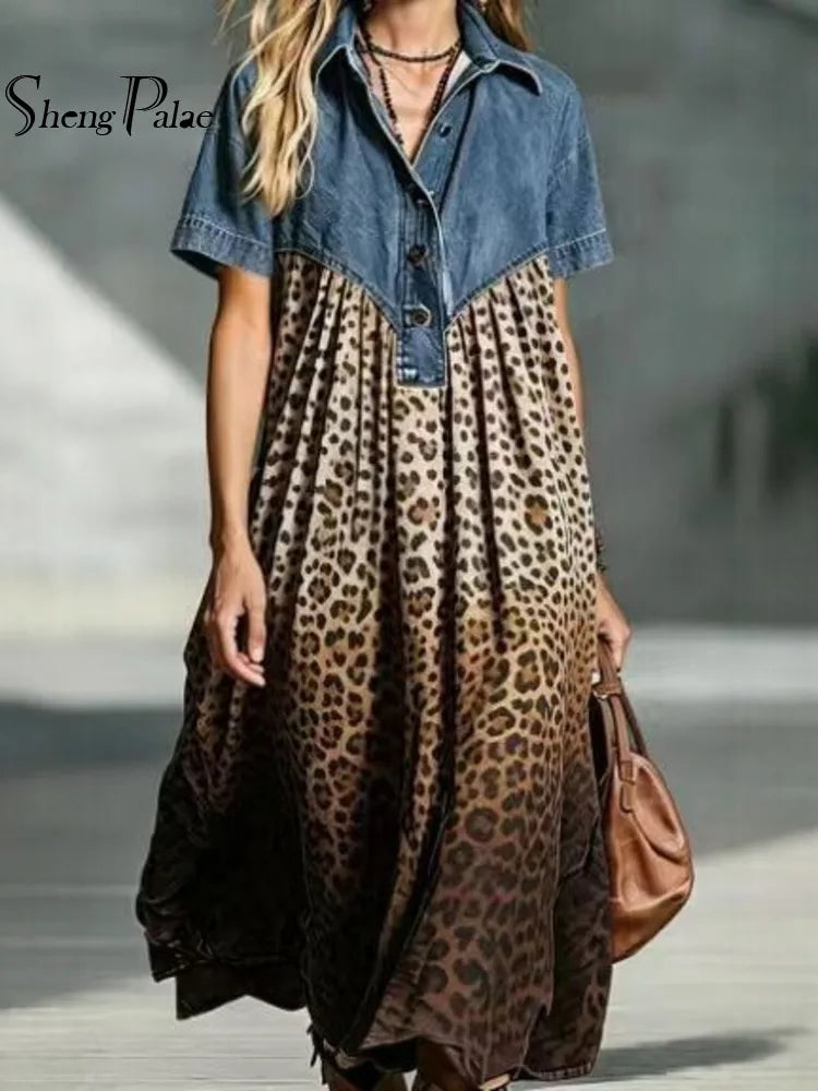 Leopard Print Denim Panel Maxi Dress