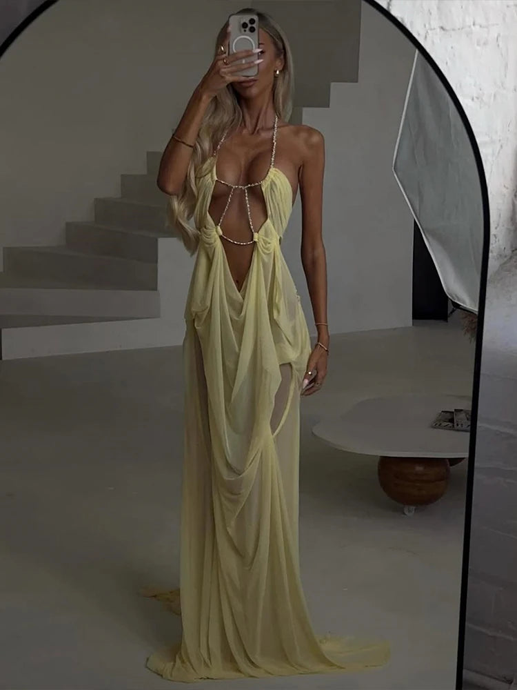 See Through Halter Backless Ruched Patchwork Dress for Women