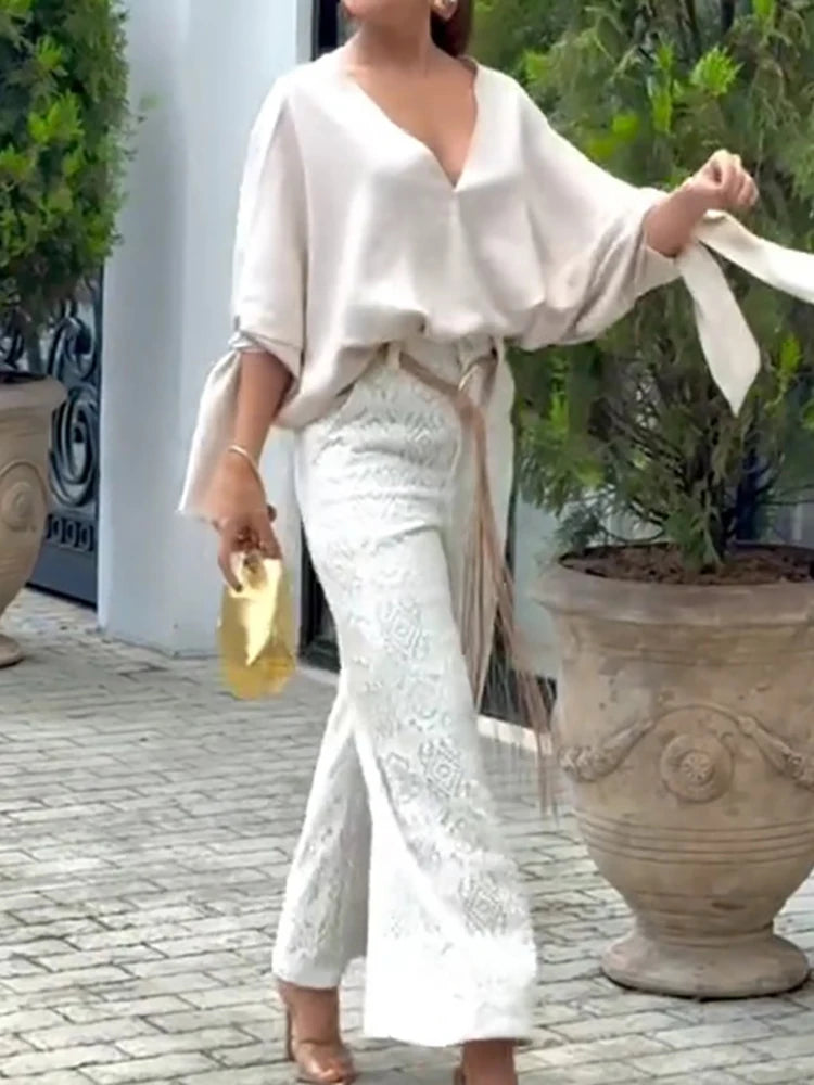 New Spring Autumn Loose V Neck Chic Blouses, Women Casual Batwing Sleeve Simple Tops, 2025 Solid Lace-Up Patchwork Ladies Shirts