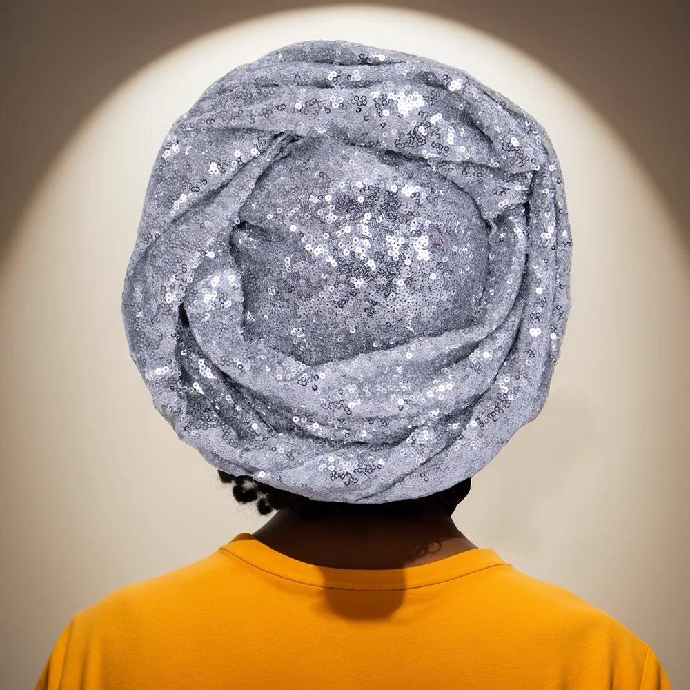 Gleaming Sequined African Print Head Wrap for Women