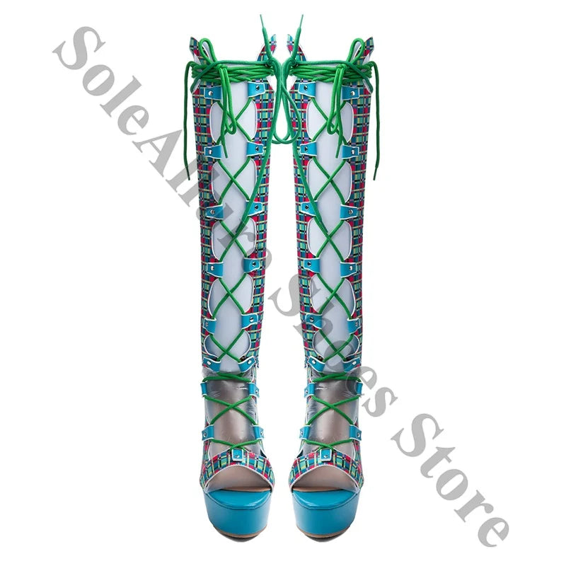 Colorful Plaid Peep Toe Knee High Lace Up Boots for Women