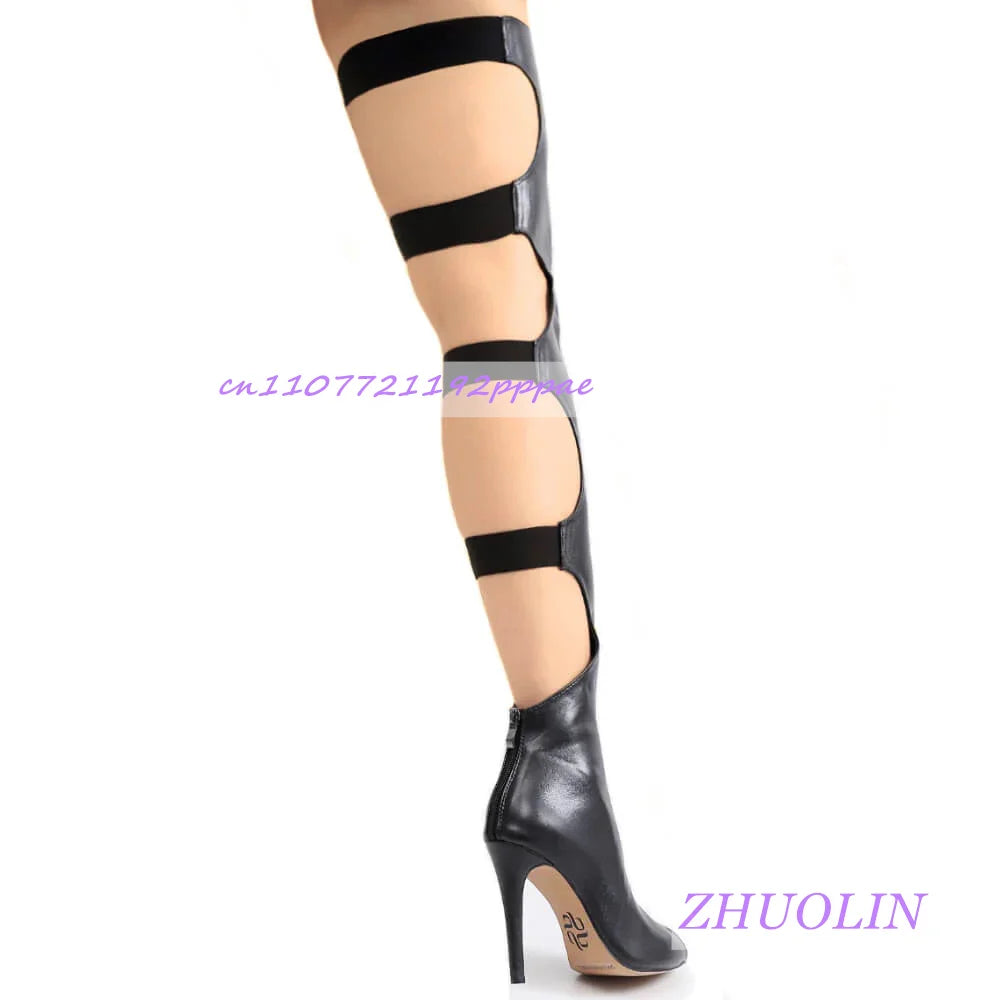 Black Leather Stiletto Open Toe Over The Knee Boots for Women