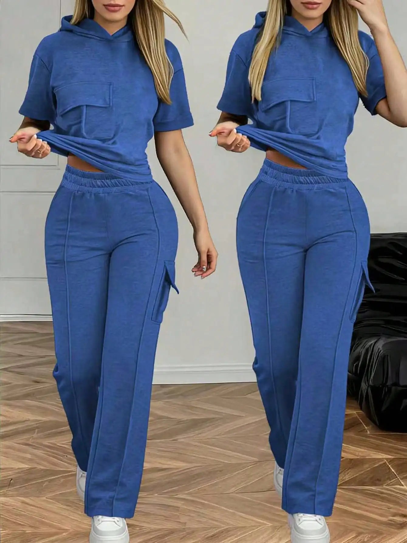 Summer Women's Suit New Style Casual Comfortable Solid Color Hooded Short-Sleeve Top with Versatile Elastic Waist Pocket Straight-Leg Pants Women's Two-Piece Set