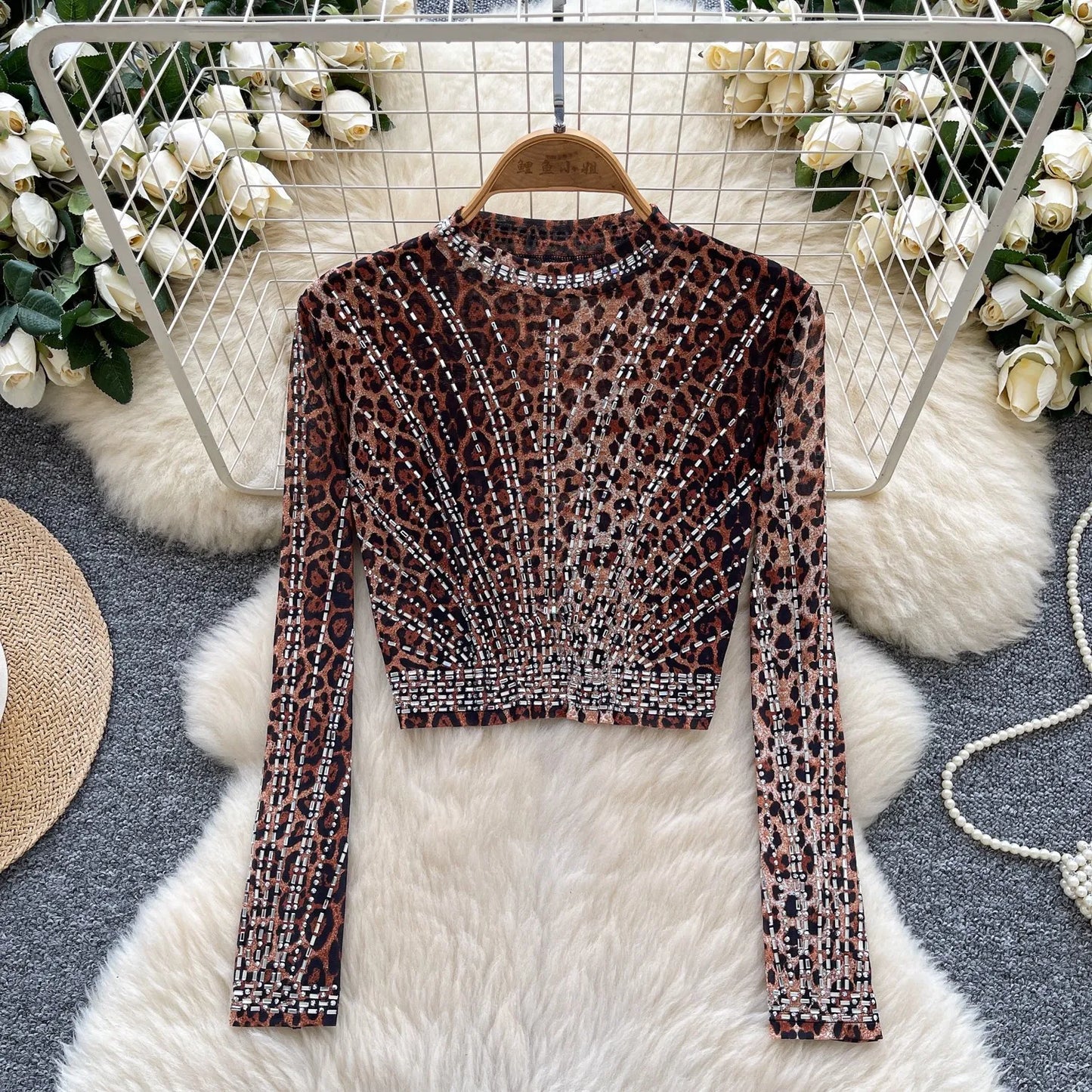 Leopard Print Rhinestone Mesh Long Sleeve Crop Top for Women