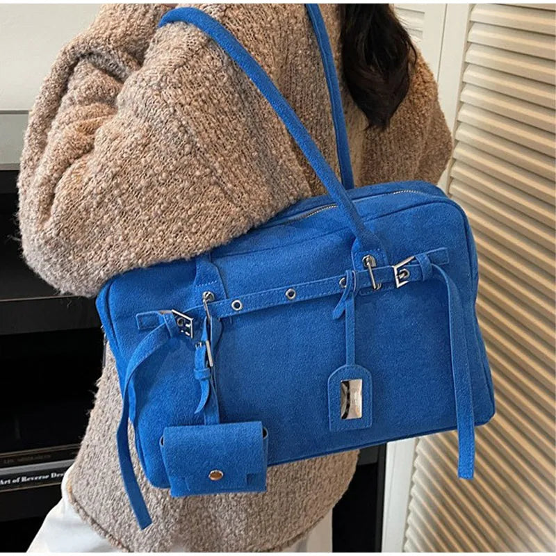 Retro Suede Square Handbag Fashion Versatile High-quality Texture Underarm Bag Exquisite Hardware Design Work Commute Tote Bag