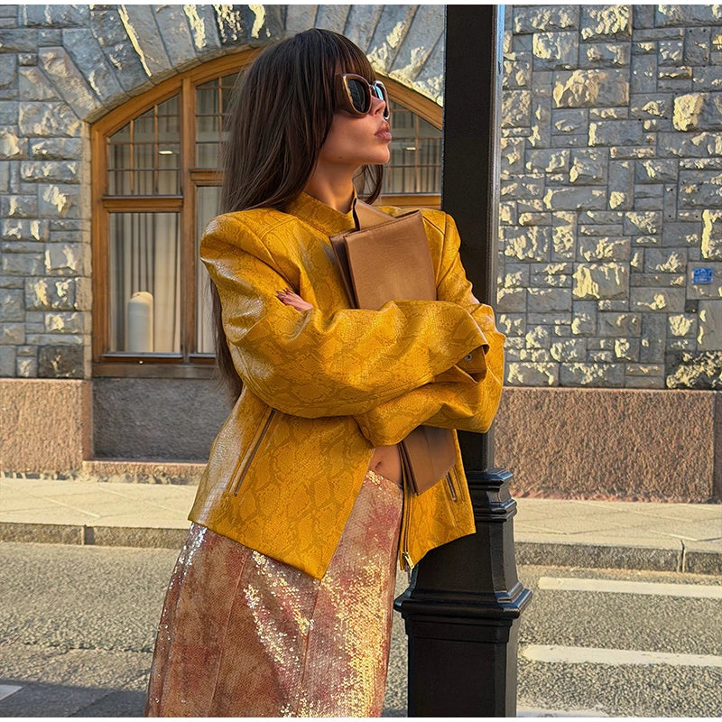 Retro Snake Print Faux Leather Cropped Jacket for Women