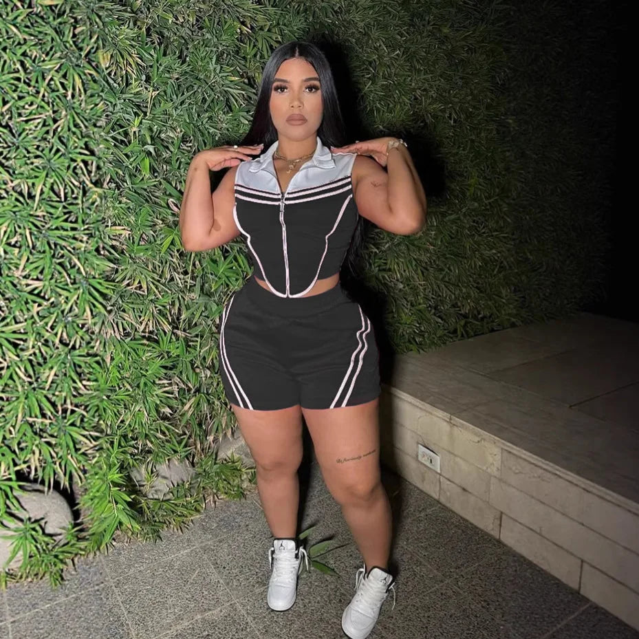 FAGADOER Casual Stripe Patchwork 2 Pieces Set for Woman Sleeveless Zipper Top and Pockets Shorts Outfits Female Sportywear New