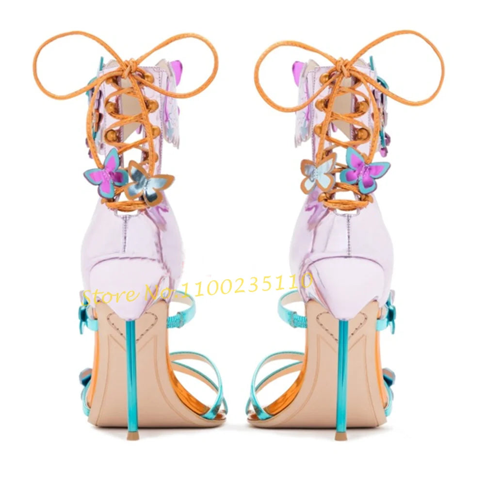 Crystal Butterfly Peep Toe Lace Up Thin Heel Sandals for Women