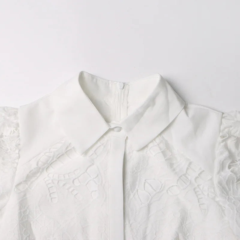 2026 New Spring Autumn Hollow Out Lantern Long Sleeve Women Dresses Elegant Embroidery Single-breasted A-line Casual Shirt Dress