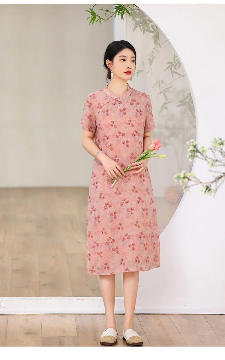 Elegant Floral Vintage Ramie Cheongsam Dress for Women