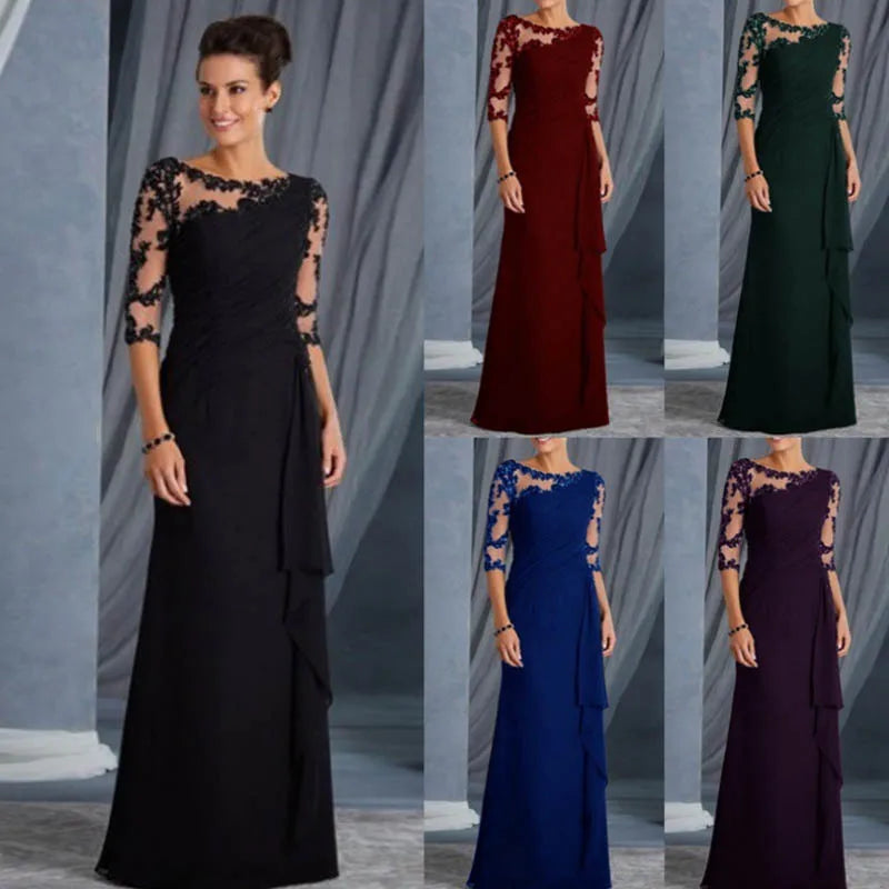 Elegant Lace Patchwork Mid Sleeve Long Dress for Women