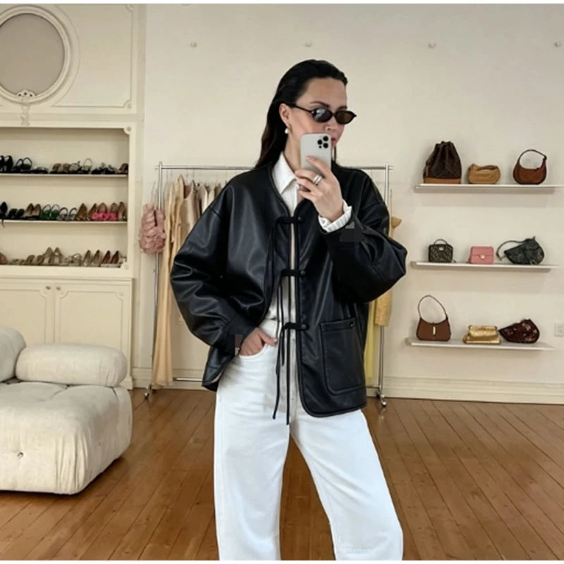Autumn Winter Pu Leather Moto Jacket With Long Sleeve for Women