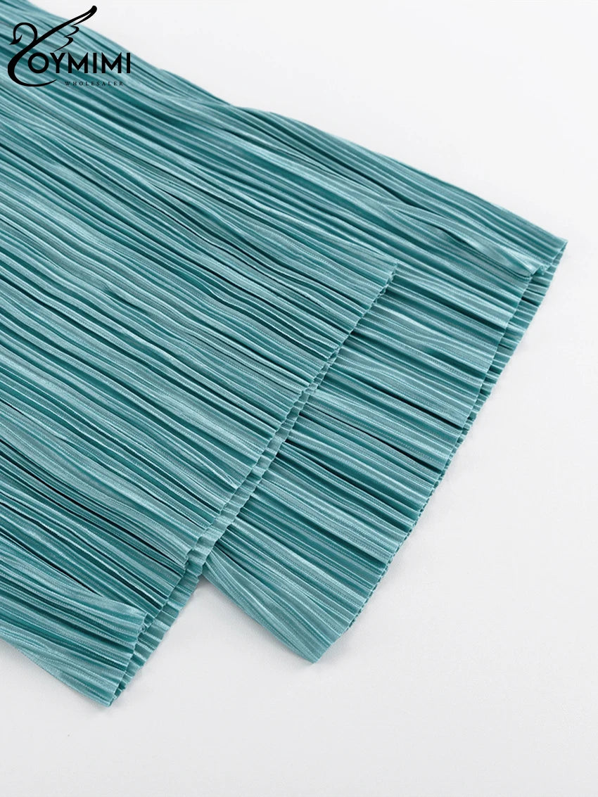 Oymimi Sexy Black Pleated 2 Piece Sets Women Outfit Fashion Loose Slit Long Sleeve Lace-Up Top With High Waist Pants Set Female