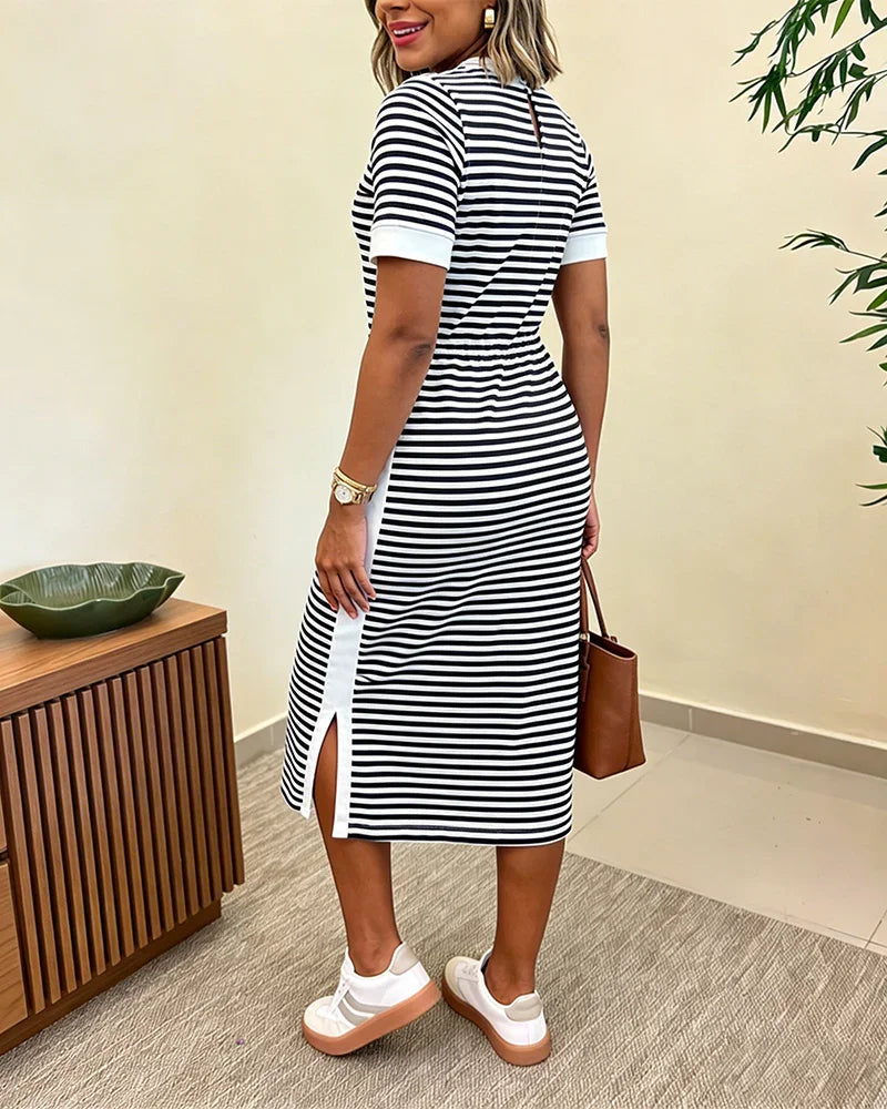 Striped Color Block Midi T-Shirt Dress With Cinched Waist for Women