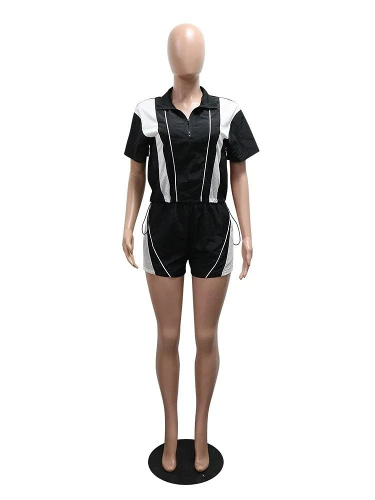 Joskaa 2025 Summer Women's Sporty 2 Piece Set Casual Patchwork Short Sleeve Top and Shorts Matching Tracksuits Y2K Streetwear