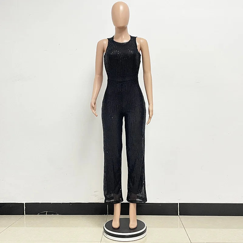 Elegant Silver Sequined Straight Cut Jumpsuit for Women