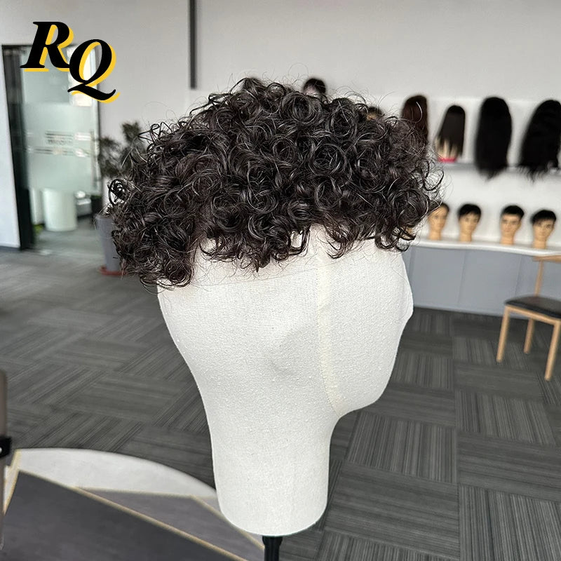 Pre Styled Thin Skin Curly Human Hair Toupee For Men