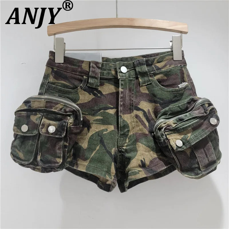 ANJY Summer New Women American Retro Streetwear Camouflage Three-dimensional Pocket Cargo Jeans Casual Trendy Denim Shorts A7672