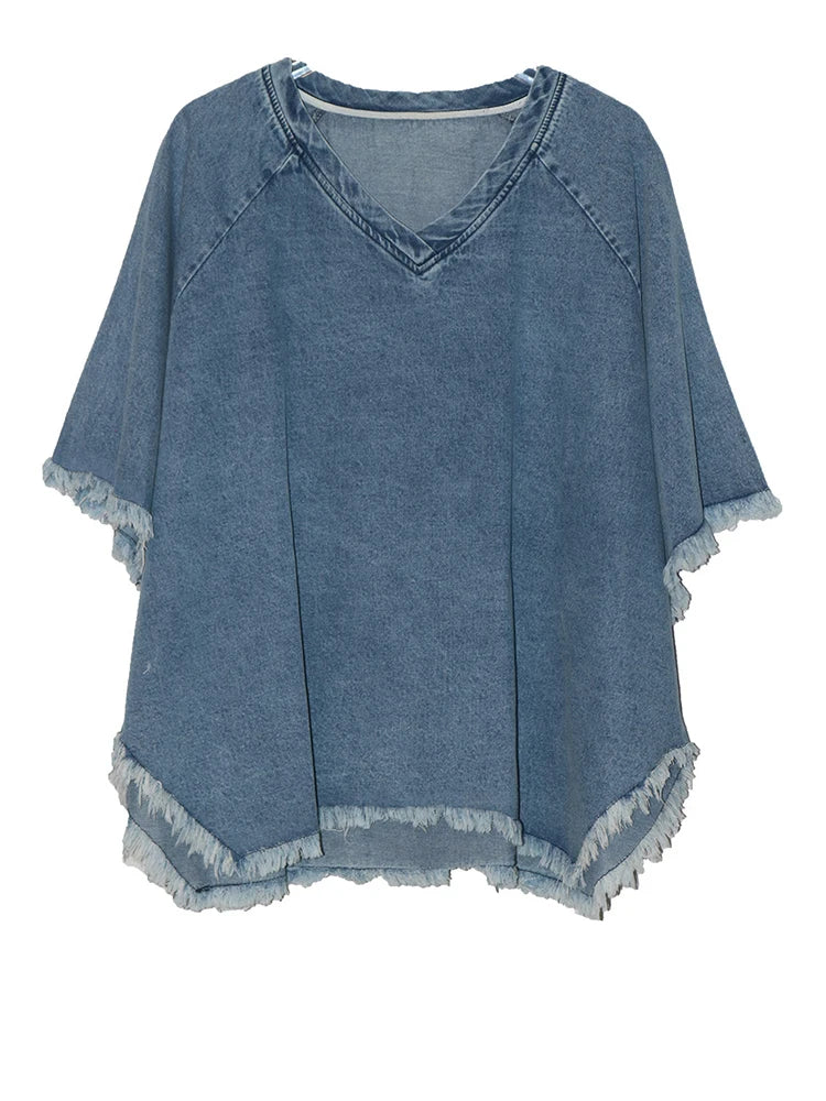 [EAM] Women Black Denim Burr Irregular Big Size Casual T-shirt New V-Neck Half Sleeve Fashion Tide Spring Summer 2025 1DJ1392