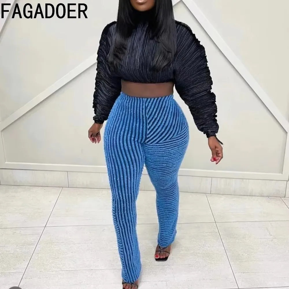 FAGADOER Stripe Plush Stacked Pants Women Casual Solid Color Fur Patchwork Flare Trousers Y2K Female Streetwear Bottoms 2025 New