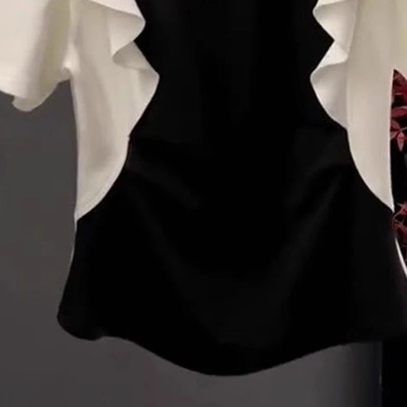 French style fashion ruffled three-dimensional disc color block T-shirt short sleeve women's summer new patchwork casual top