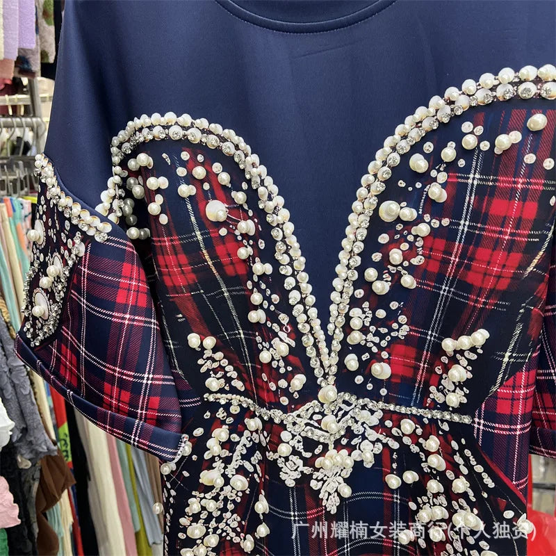 Colorblock Plaid Short Sleeve Female T-shirt Luxury Beading Round Neck Pullover Top All-match Spring Summer Women Casual Tees