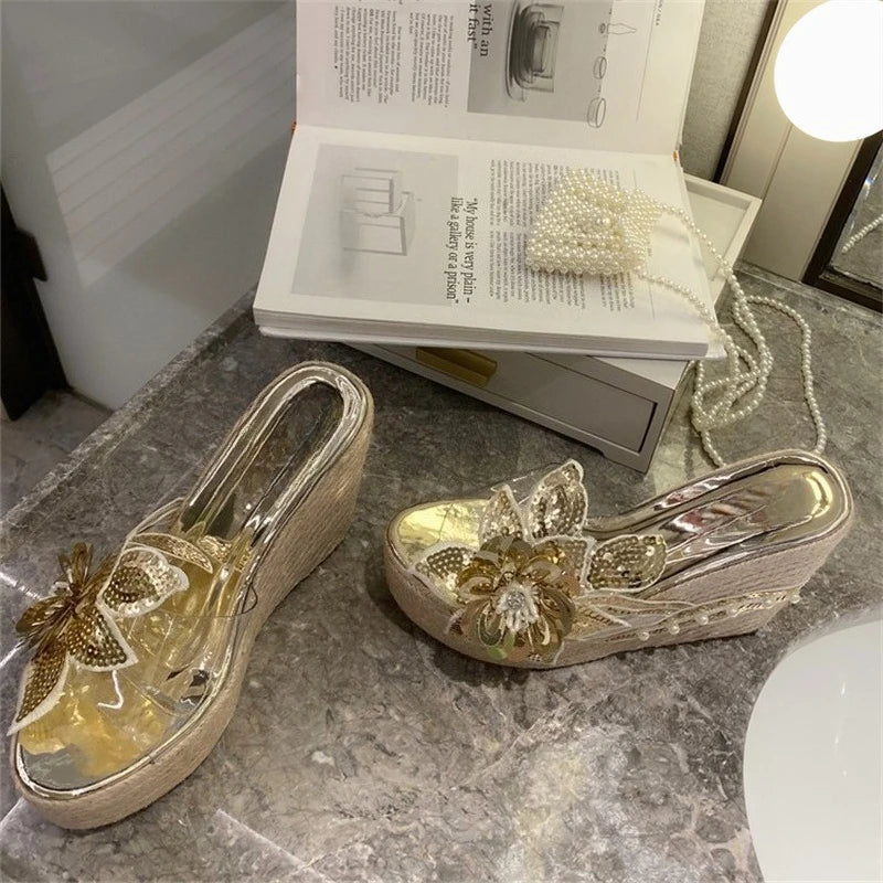 Sequined Flower Design Platform Wedge Sandals for Women