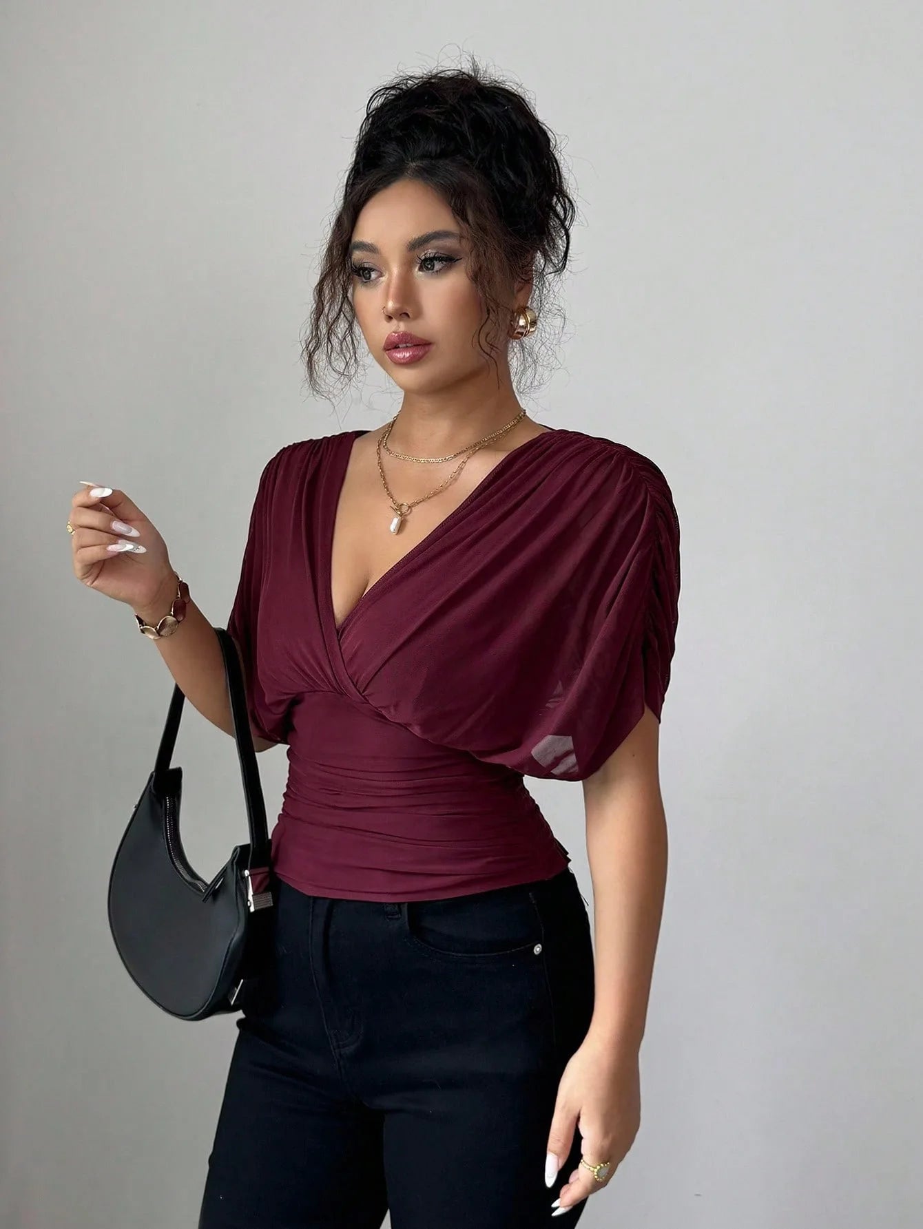 Elegant Deep V Neck Flutter Sleeve Waist Cinching Top for Women