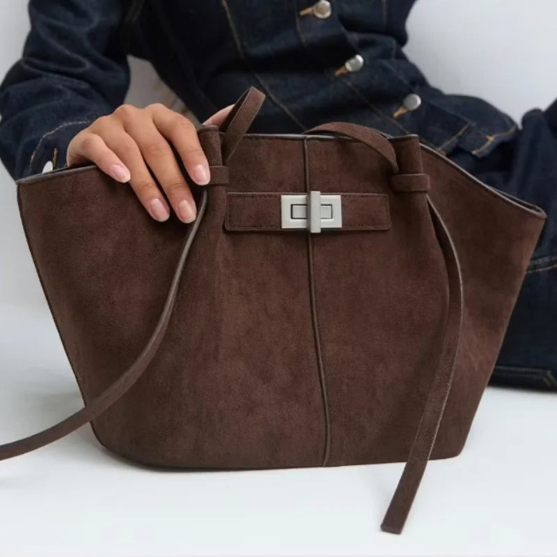 Structured Suede Trapezoid Tote Bag