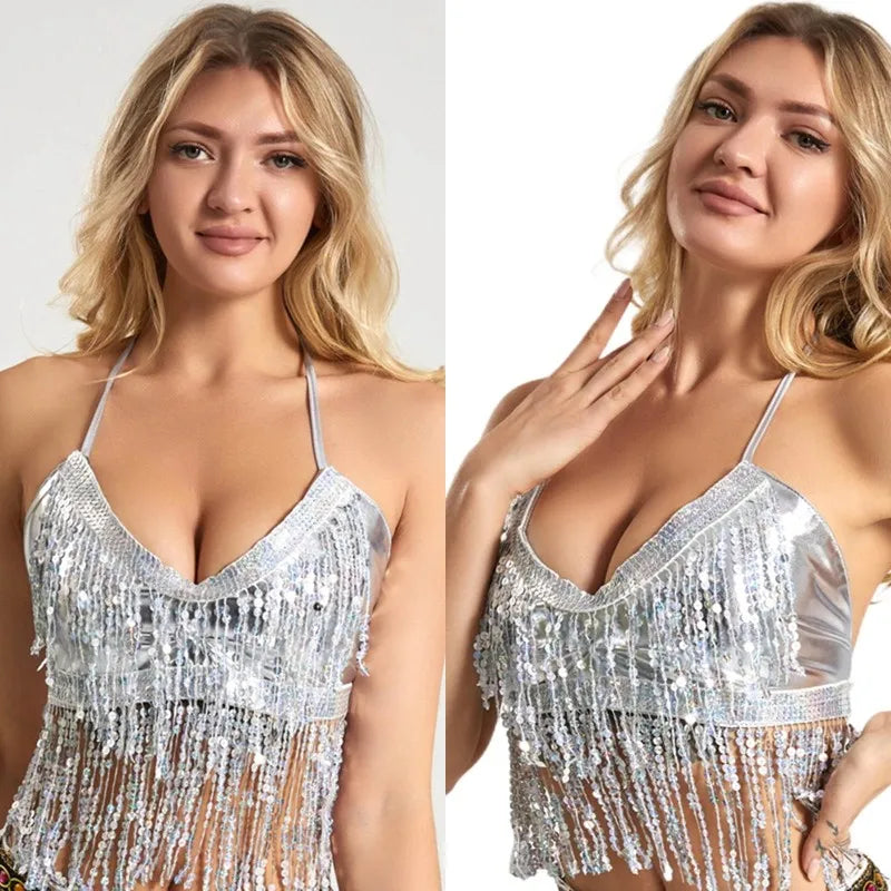 Sequined Tassel Latin Dance Crop Top and Skirt Set for Women