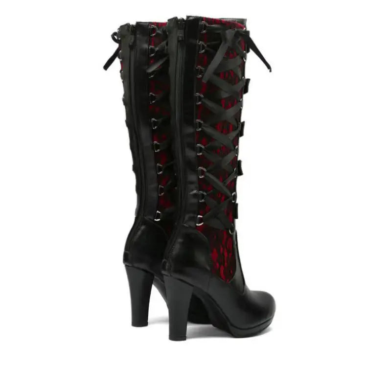 Lace Up Chunky High Heel Mid Calf Boots for Women