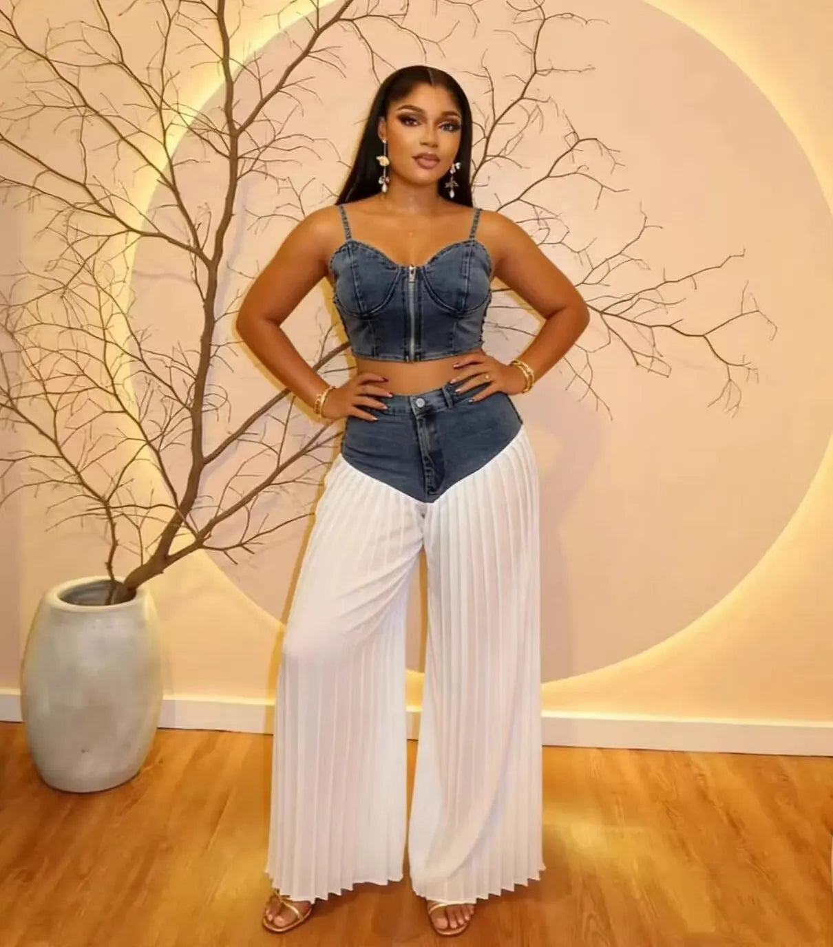 Casual Patchwork Wide Leg Denim Tracksuit Set for Women