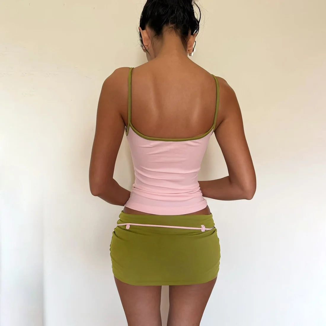 Color Blocking Two Piece Set Backless Camisole And Tassel Skirt for Women