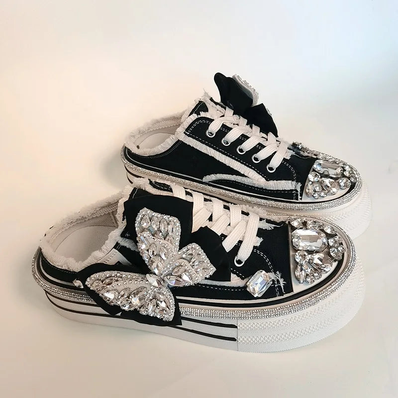 Shiny Sequined Pearl Stud Canvas Slippers for Women