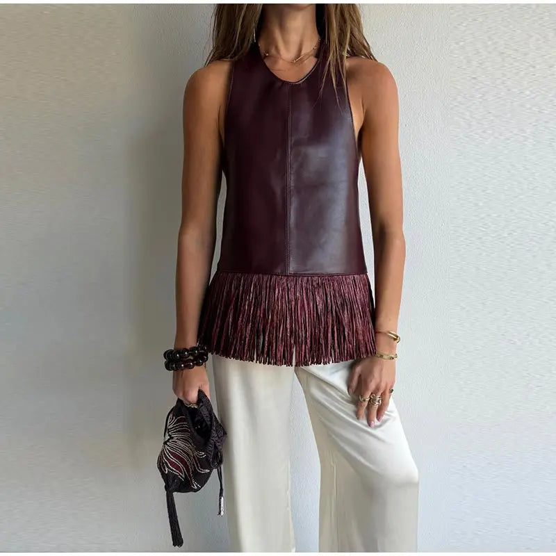 Faux Leather Patchwork Fringe Halter Top for Women