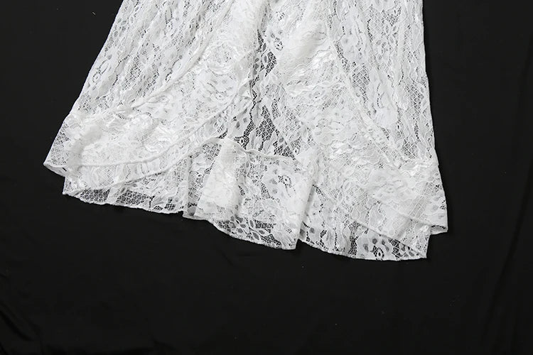 Cutenew Lace Stacked Women Maxi Dresses Romantic French Full Sleeve Ruffle Neck Split Bodycon Female Sexy Sheer Trend Vestidos