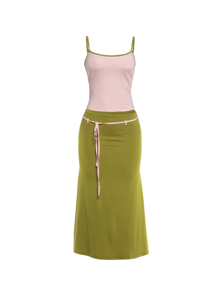 Color Blocking Backless Camisoles and Ribbon Long Skirts Two Piece Set for Women