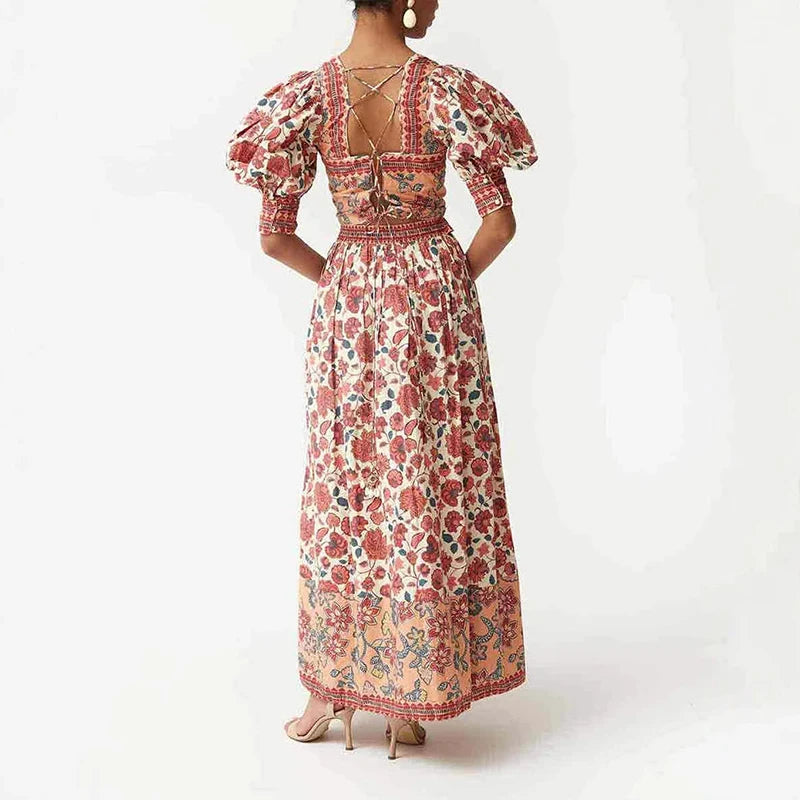 Elegant Square Neck Bubble Sleeve Top & Long Skirt Sets Women Fashion Floral Print Bohemian Outfits Summer Caual Party 2pc Suit